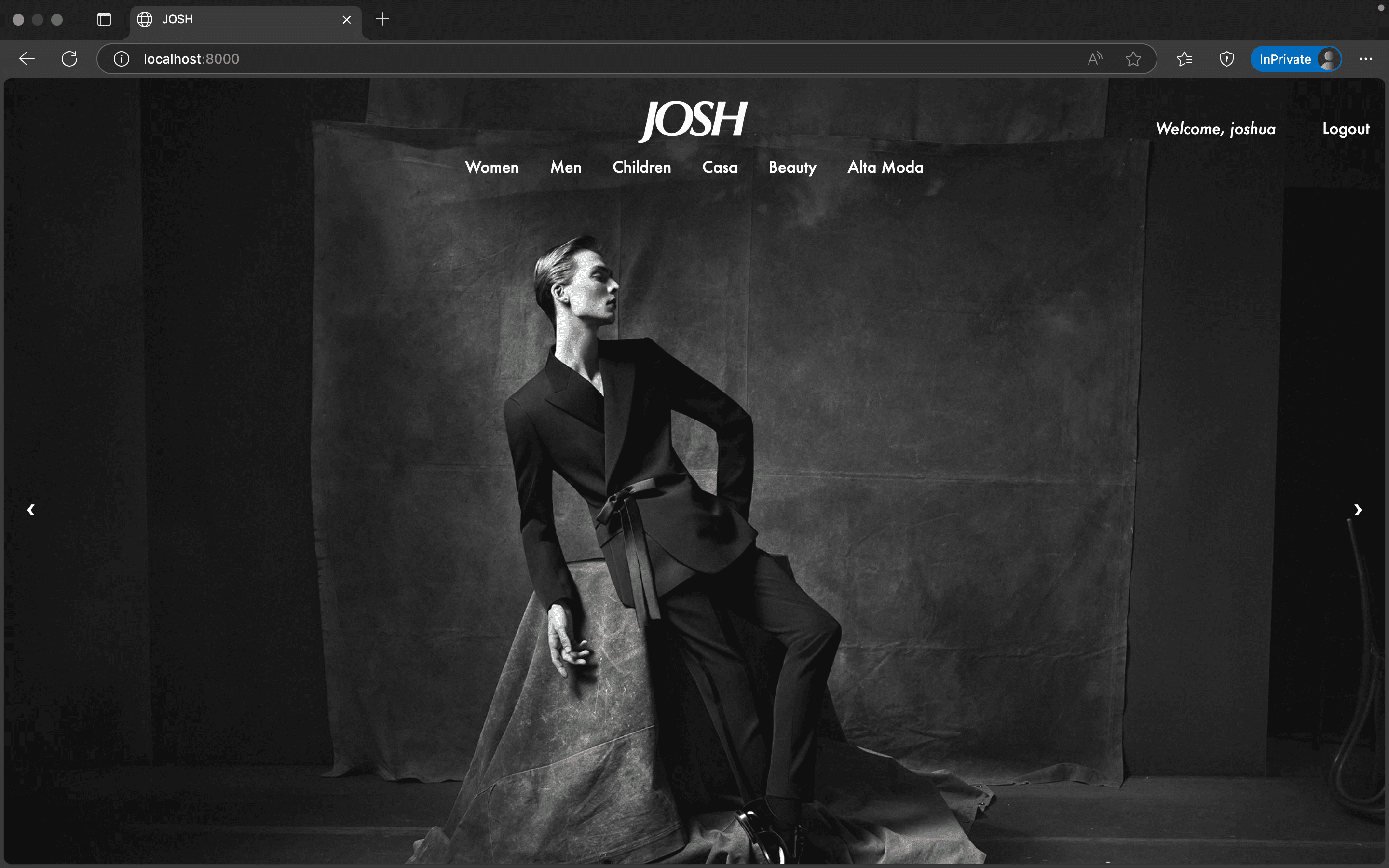 Homepage for JOSH fashion website